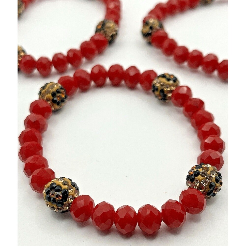 Red Glass Faceted Bead & Leopard Print Focal Beads RHINESTONES Boho Y2K Set 3 - Picture 4 of 5